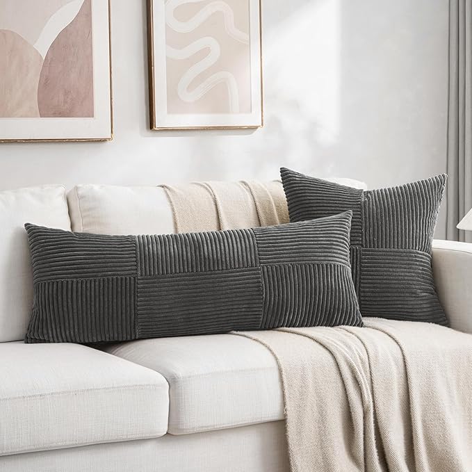 Fancy Homi Set of 2 Dark Gray Boho Long Lumbar Body Decorative Throw Pillow Cover 14x36 Inch for Bed Couch Bedroom Bench, Soft Patchwork Corduroy Textured Pillow Case, Rustic Farmhouse Room Décor