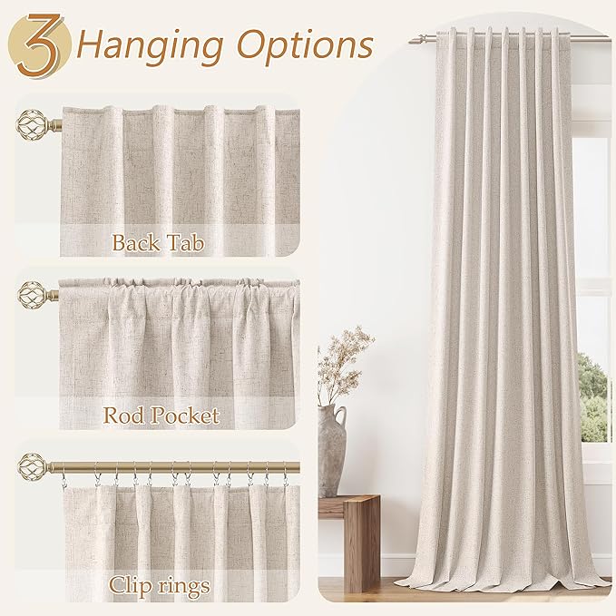 Guken Oatmeal 100% Blackout Curtains 90 Inch Length 2 Panels Set for Living Room Bedroom Back Tab Thermal Insulated Black Out Linen Drapes Room Darkening Window Curtains 90 Inches Long
