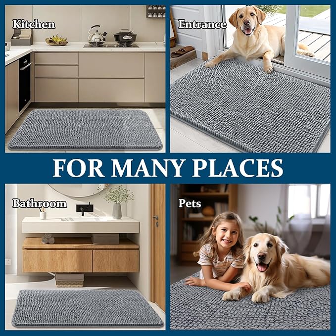 OLANLY Dog Door Mat for Muddy Paws 35x24, Absorbs Moisture and Dirt, Absorbent Non-Slip Washable Doormat, Quick Dry Chenille Mud Mat for Dogs, Entry Indoor Entryway Carpet for Inside Floor, Grey