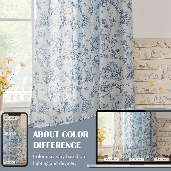 jinchan Linen Floral Curtains for Living Room 63 Inch Length Blue Printed Flower French Country Curtain Farmhouse Cottage Core Toile Curtains Back Tab Light Filtering Window Drapes Set 2 Panels