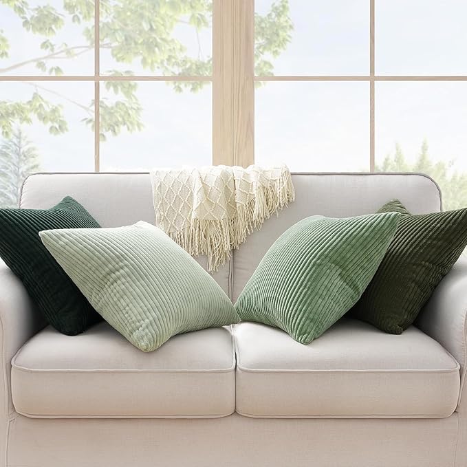 Topfinel Light Green Decorative Throw Pillow Covers Green Series,Winter Fluffy Corduroy Striped Euro Pillows Shams for Couch Bed Bedroom,Western Modern Hunter Green Pillowcase 20x20 Inch Set of 4