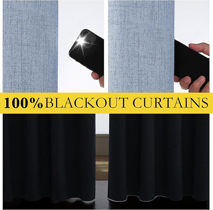 NICETOWN Stone Blue Vintage Linen 100% Blackout Curtains for Playroom, Thermal Insulated Curtains 72" Long, Noise Reducing Window Treatment Drapes for Laundry Room, 62" Wide Per Panel, Set of 2