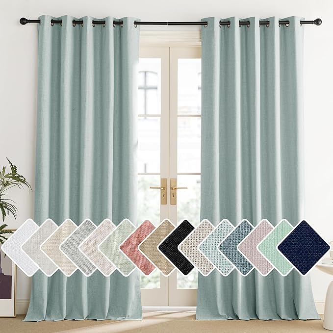 NICETOWN 100% Absolutely Blackout Linen Curtains with Thermal Insulated Liner, Seafoam Green, 62" Wide, 95" Length Energy Saving Curtains for Living Room 2 Panels Set, Vertical Blinds