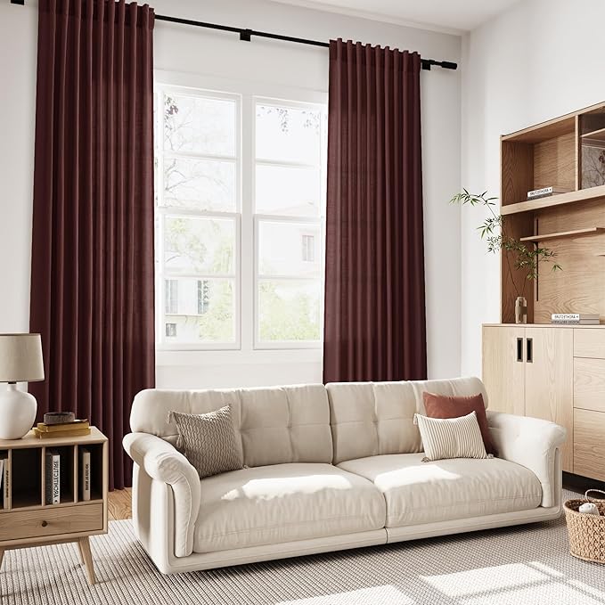 Extra Long Curtain Reddish Brown Morden Linen Blend Light Filtering Back Tab Curtains for Long Winodws 120 Inches Length, Semi Sheer Privacy Drapes for Living Room, 52x120 inch, 2 Panels