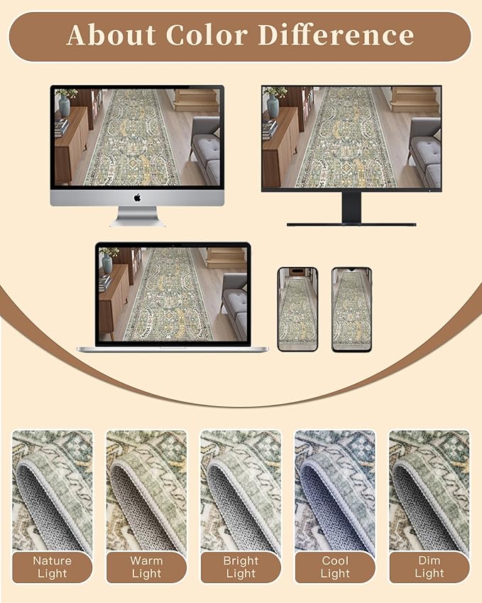 Madane Runner Rug 2'6''x8' Kitchen Runner, Hallway Runner Printed Vintage Washable Rugs Soft Non-Slip Low Pile 2.5x8 ft Runners for Hallways Laundry Room Rug Distressed Rug, Green/Gold