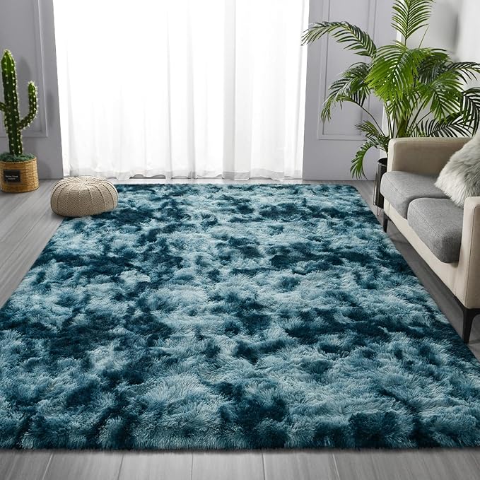 Deerhoo Shag Area Rug, 4 X 6 Tie-Dyed Plush Fuzzy Rugs for Living Room, Ultra Soft Fluffy Furry Rug for Bedroom, Indoor Carpet Nursery Rugs for Kids Room Home Decor, Peacock Blue