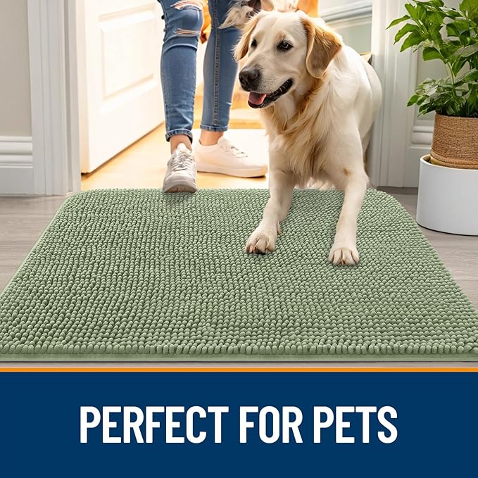 OLANLY Dog Door Mat for Muddy Paws 35x24, Absorbs Moisture and Dirt, Absorbent Non-Slip Washable Doormat, Quick Dry Chenille Mud Mat for Dogs, Entry Indoor Entryway Carpet for Inside Floor, Sage Green