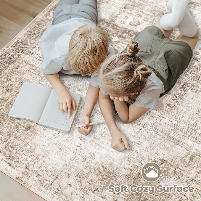 Area Rug 3x5 Washable Rug, Vintage Boho Medallion Entryway Rug Non-Slip Soft Low Pile Small Distressed Floor Carpet Retro Doormat for Kitchen Bedroom Laundry Bathroom Hallway (Brown, 3'x5')
