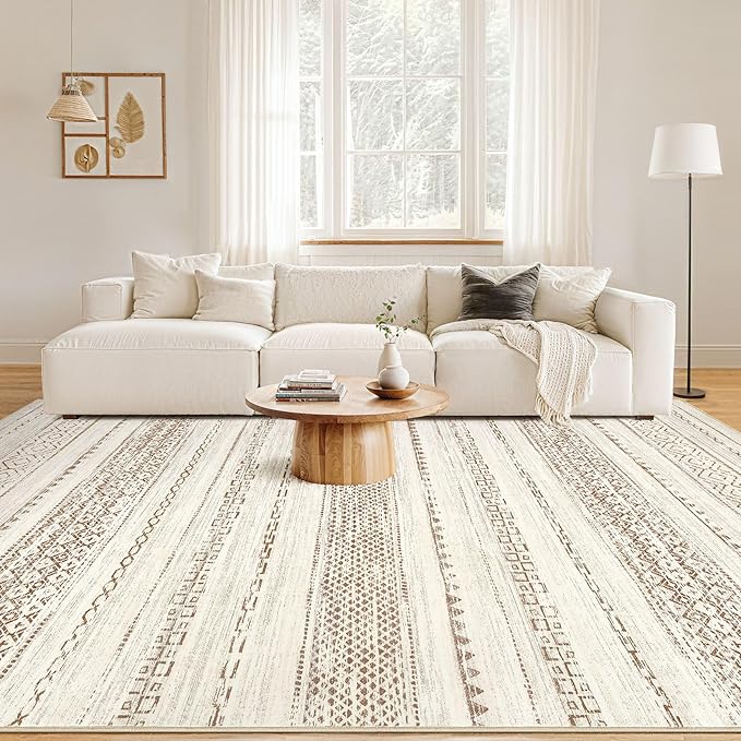 Nakagishi 12x15 Area Rugs Living Room: Washable Boho Large Neutral Modern Soft Farmhouse Rug Stain Resistant Indoor Non-Slip Accent Carpet for Bedroom Nursery Kids Playroom Office Dining Room- Brown