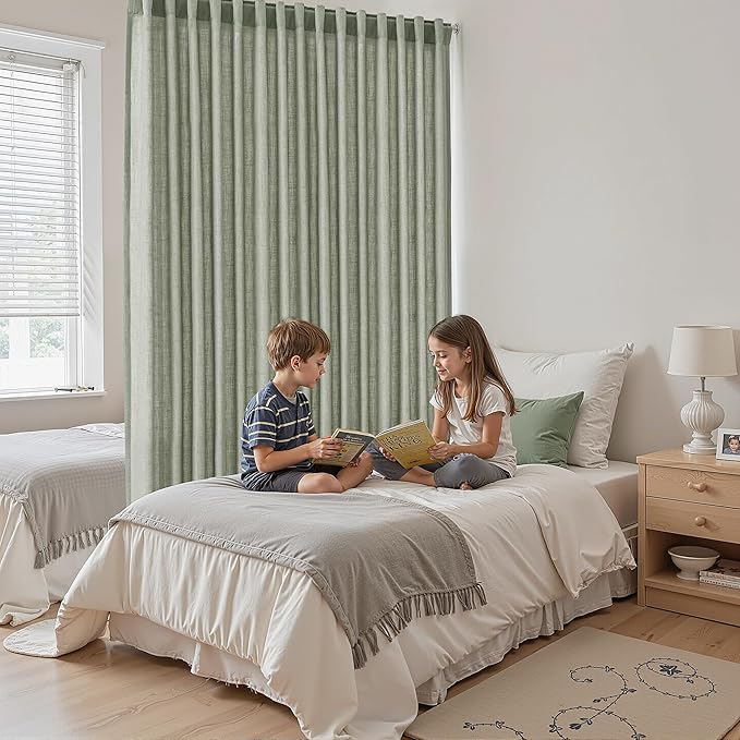 Nanspring Extra Wide Linen Curtains for Living Room 108 Inch Length for Room Divider Sage Green Rustic Farmhouse Drape Rod Pocket Back Tab Light Filtering Bedroom Window Curtain for Sliding Door