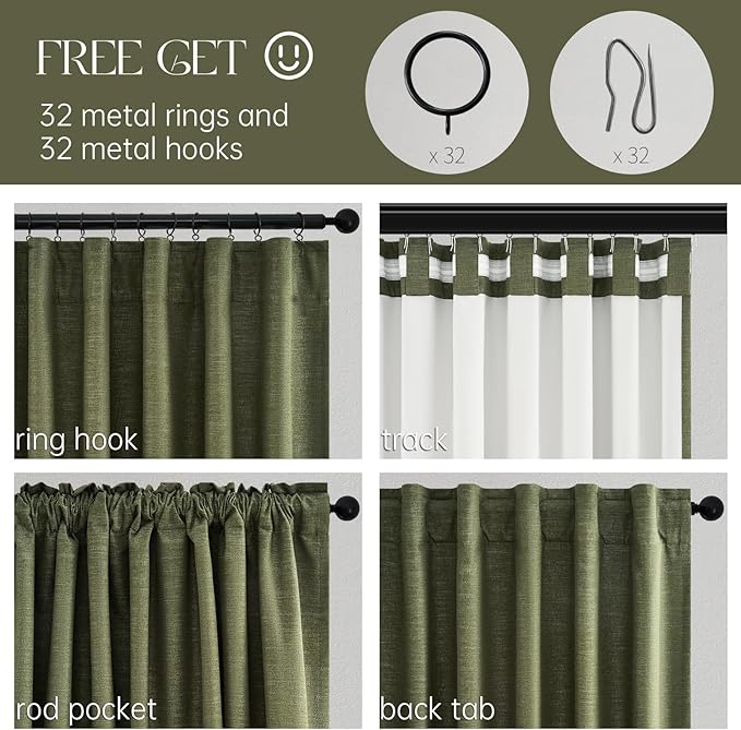 Topfinel 94 Inches Long Flax Custom Blackout Linen Curtains, Viral Pinch Pleated Noise Cancelling Curtains with Pin Hooks for Traverse, Olive Green Burlap Viral Drapes 2 Panels for Living Room