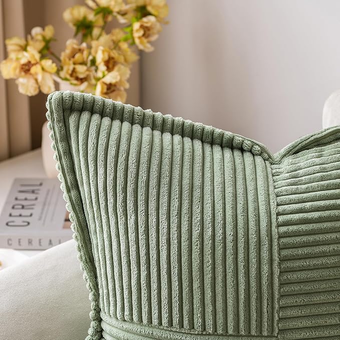 MIULEE Decorative Throw Pillow Covers for Couch Bed Livingroom 20x20 Inch Set of 2 Light Olive Green Boho Accent Throw Pllows Broadside Striped Patchwork Soft Corduroy Summer Pillowcases
