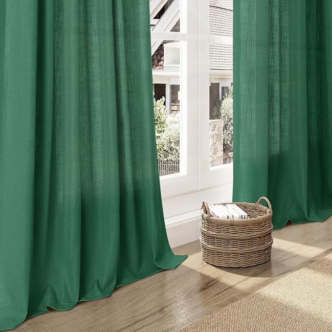 Nanspring Dark Green Linen Curtains 96 Inches Long 2 Panels Set for Living Room Rod Pocket Back Tab Semi Sheer Light Filtering Protect Privacy Emerald Green Curtain for Bedroom Floor Length 52x96