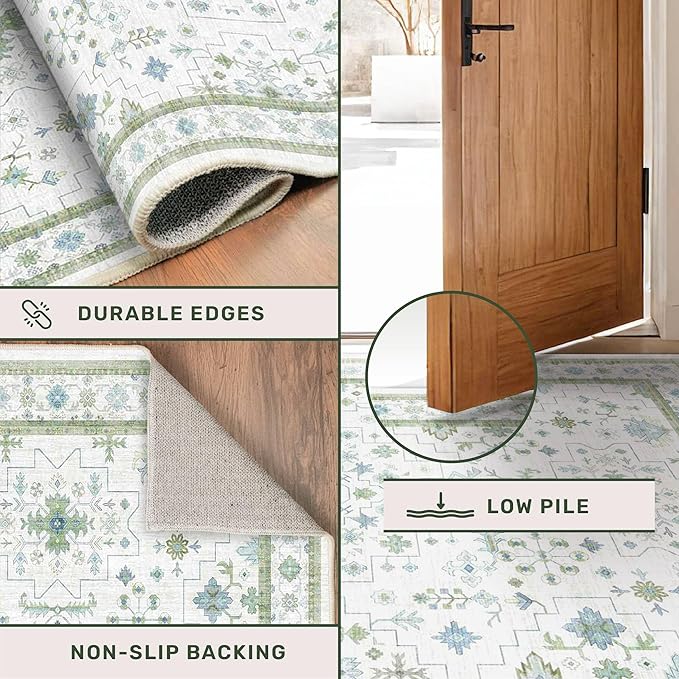 Hazo Haus Oushak 3x16 Wide Hallway Runner Rug - Vintage Turkish Floral, Washable Low Pile Non Slip 16ft Extra Long Runners for Large Kitchen, Hall Way - Light Blue and Green Décor