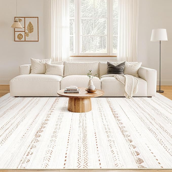 Nakagishi Area Rug Living Room Rugs: 9x13 Large Soft Machine Washable Boho Moroccan FarmNeutral Stain Resistant Indoor Floor Carpet for Bedroom Under Dining Table Home Office Decor-Beige Brown