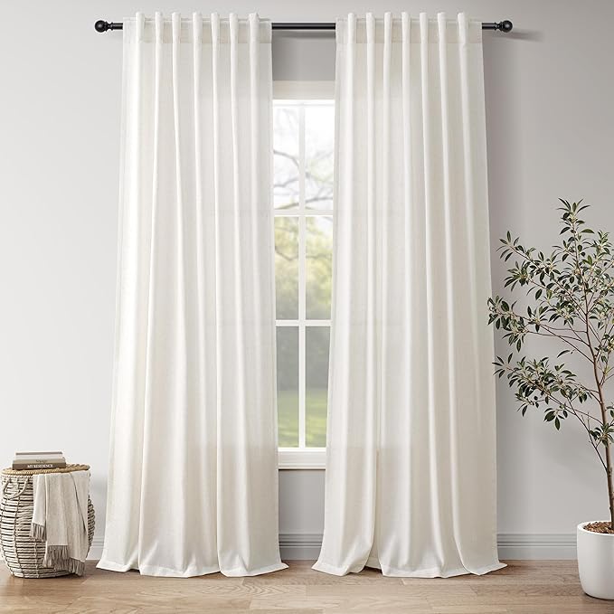 Nanspring Natural Linen Curtains for Living Room 112 Inches Long Back Tab Light Filtering Semi Sheer Curtain Rustic Farmhouse Decor Long Floor to Ceiling High Window for Bedroom 52x112, 2 Panels