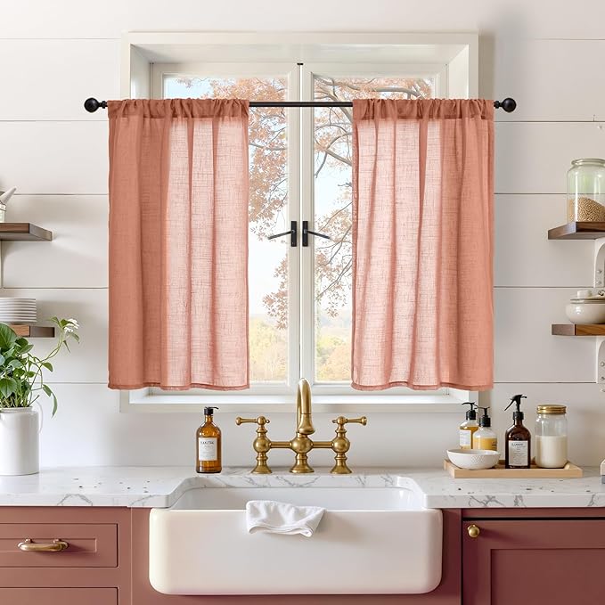 BGment Terracotta Linen Kitchen Curtains 36 Inch Length, Small Semi Sheer Textured Drapes Boho Rustic Decor for Bathroom Cafe Over Sink Rod Pocket Burnt Orange, 2 Panels, Each 30 Inch Wide