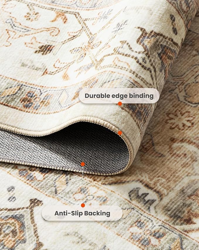 AMADA HOMEFURNISHING Round 8ft Area Rugs, Low-Profile Washable Rug with Non-Slip Backing & Durable Edge Binding, Vintage Rugs for Living Room, Bedroom, Dinning Room