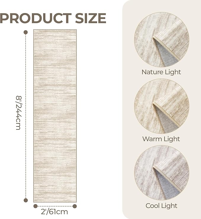 2x8 Runner Rug, Washable Runners for Hallways wirh Rubber Backing, Stain Resistant Kitchen Rug, Soft Thin Carpet Runner for Entrance, Bedroom, Living Room Indoor(2'x8', Brown/Beige)
