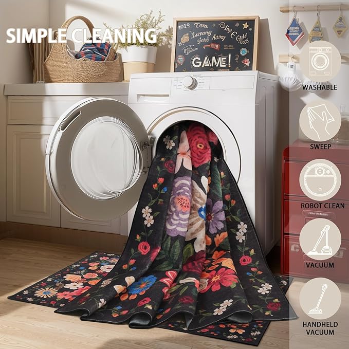 Black/Brown Floral Rug for Entryway, 2x3 Washable Kitchen Mat Ultra-Thin Soft, Non-Slip Indoor Door Carpet Stain Resistant Boho Small Low-Pile Throw for Bathroom Bedroom (2 x 3, Black/Brown)