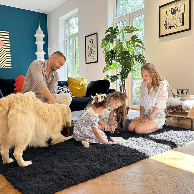 OLANLY 4x4 Machine Washable Accent Rug, Soft Fluffy Shaggy Area Rug for Bedroom, Living Room, Indoor Floor Carpet for Kids, Nursery, Home Decor, Black