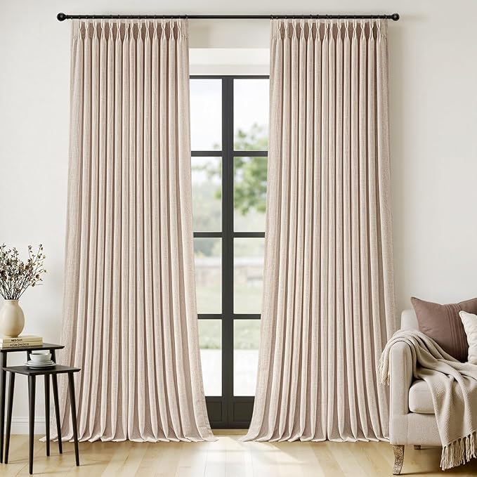 MIULEE Pinch Pleated Thick Linen Curtains 102 Inches Long 2 Panels for Living Room Bedroom, Linen Textured Drapes Pleat Back Tab Memory Trained Light Filtering Sand Beige Window Curtains with Hooks