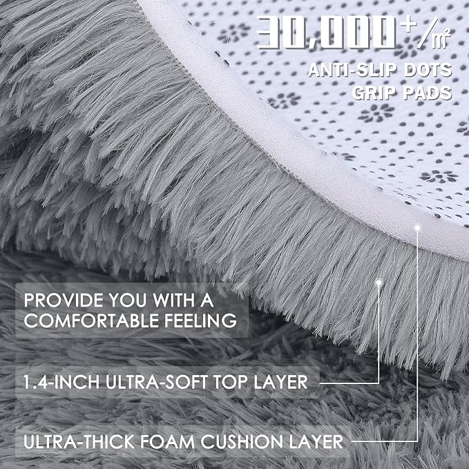 OLANLY Light Grey Round Rugs for Bedroom - Machine Washable, 3 ft Circle Area Rugs for Living Room, Soft and Fluffy Shaggy Carpet for Teen Girls and Boys, Nursery Rooms, Dorms, Home Decor Aesthetic