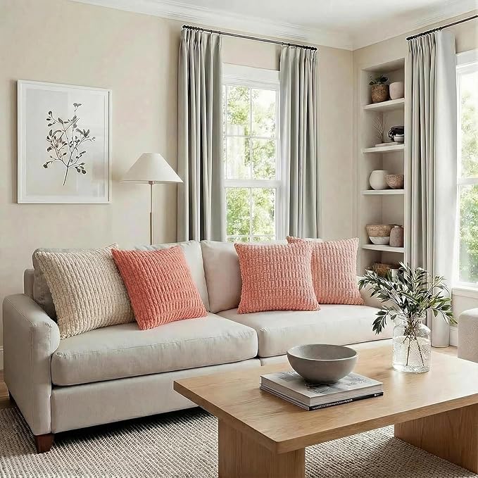 Fancy Homi 4 Packs Boho Blush Pink Euro Decorative Throw Pillow Covers 26x26 Inch for Living Room Bed, Soft Plush Striped Corduroy Square Light Pink Coral Peach Cream Colorful Cushion Case 66x66 cm