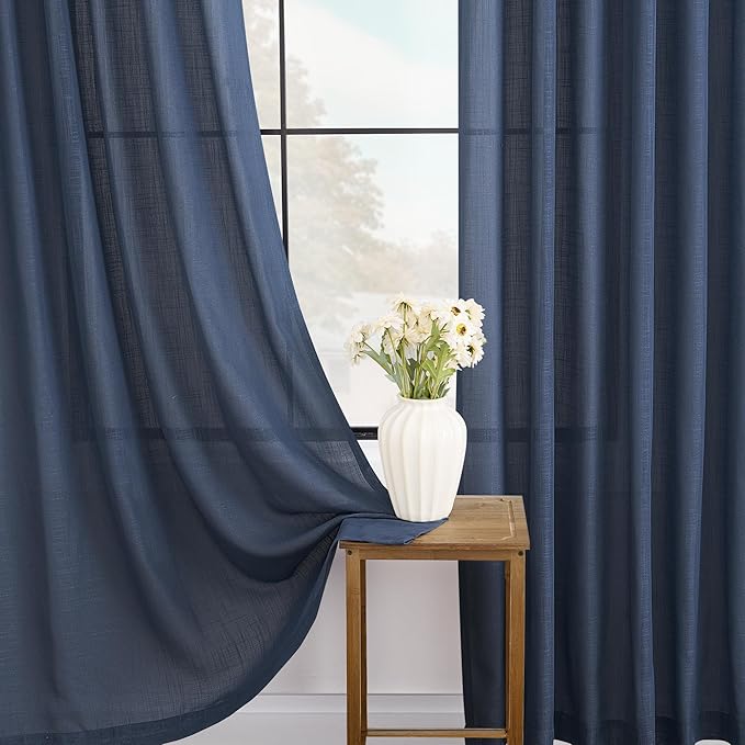 Navy Blue Curtains 90 inch Length for Bedroom Back Tab Light Filtering Semi Sheer Blue Living Room Curtains Linen Cotton Textured Indigo Blue Drapery Panel Modern Aesthetic Decor 60" Wx90 L