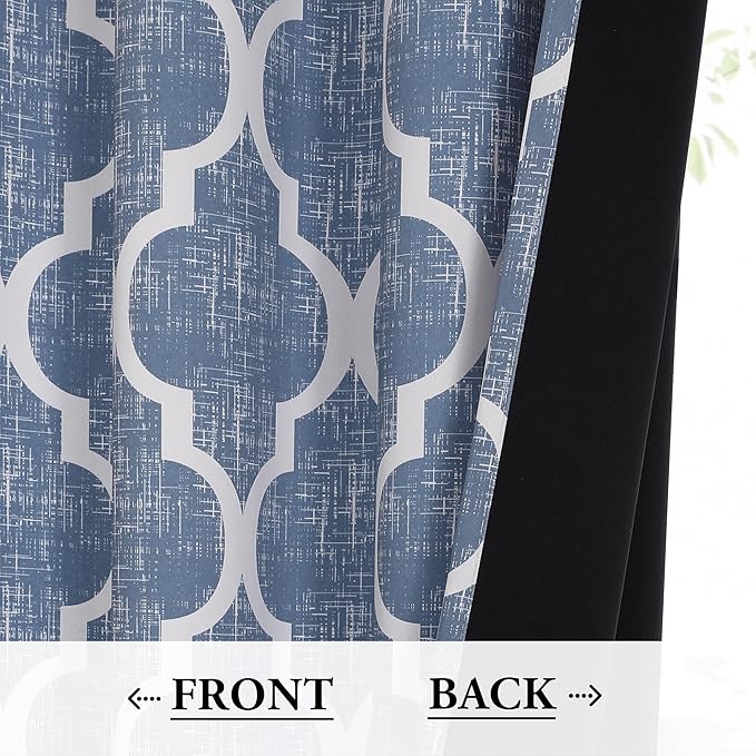Beauoop 100% Blackout Curtains 63 Inches Long 2 Panels for Bedroom Living Room Blue Moroccan Geo Room Darkening Thermal Insulated Soundproof Grommet Top Window Treatments Drapes, 50x63 Set of 2