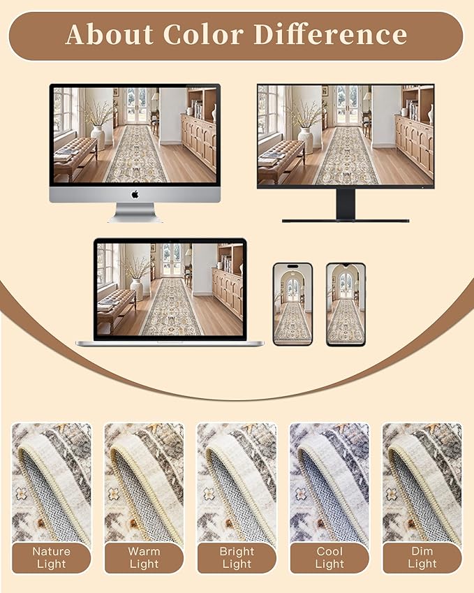 Madane Hallway Runner 3x14 - Runner Rugs 14ft Washable Entryway 14ft Rug Ruuner Vintage Kitchen Runners Non Slip Indoor Area Rug Farmhouse Carpet Runner for Bathroom Living Room Bedroom, Brown/Gold