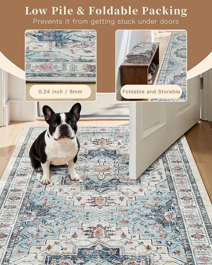 Madane Blue Runner Rug, 2x5, Low-Pile, Non-Slip, Washable, Stain Resistant, Retro, Machine-Made, Microfiber, Floral, Kitchen, Living Room, Bedroom, Laundry Room