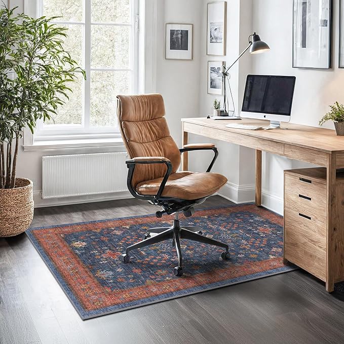 Large 3x5 Kitchen Rug Non Slip Machine Washable, Throw Rugs for Entryway Indoor, Floor Mat, Home Office Under Chair - Stain Resistant Non Skid Rubber Backing, Tribal Farmhouse Décor (3x5 Navy Blue)