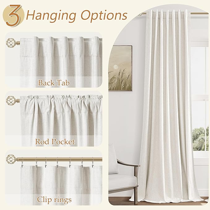 Beige White 100% Blackout Linen Curtains 90 Inch Length 2 Panels Set for Living Room Bedroom Back Tab Thermal Insulated Black Out Drapes Room Darkening Farmhouse Style for Bedroom Window Curtains