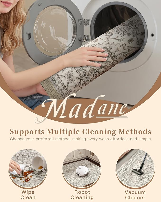 Madane Washable Rug 8x10 Area Rugs for Living Room, Ultra-Thin Non-Slip Backing Rug, Stain Resistant Vintage Large Area Rug for Bedroom (Beige/Brown, 8'x10')