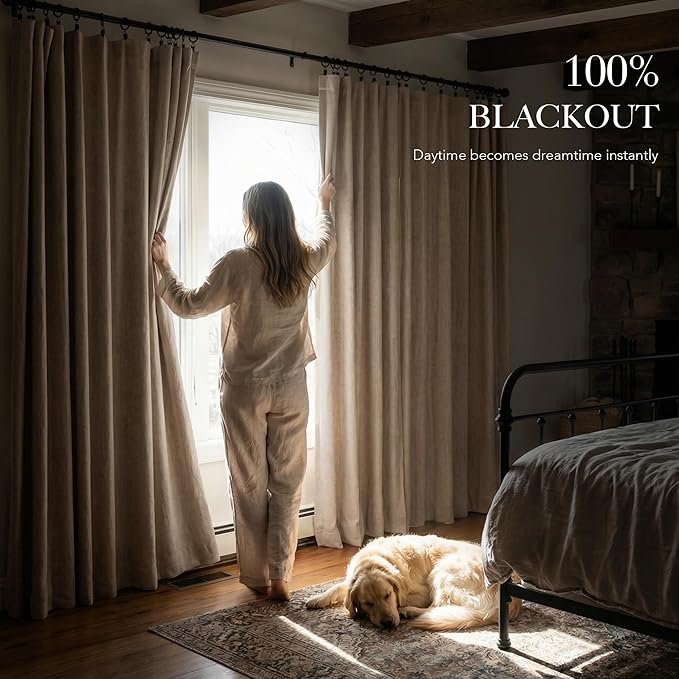 RYB HOME Linen Textured 100% Blackout Curtains for Bedroom, Insulating Energy Saving Window Curtains for Living Room Dining Patio Sliding Glass Door, Wide 52 x Long 90 inch, Burlap, 2 Panels