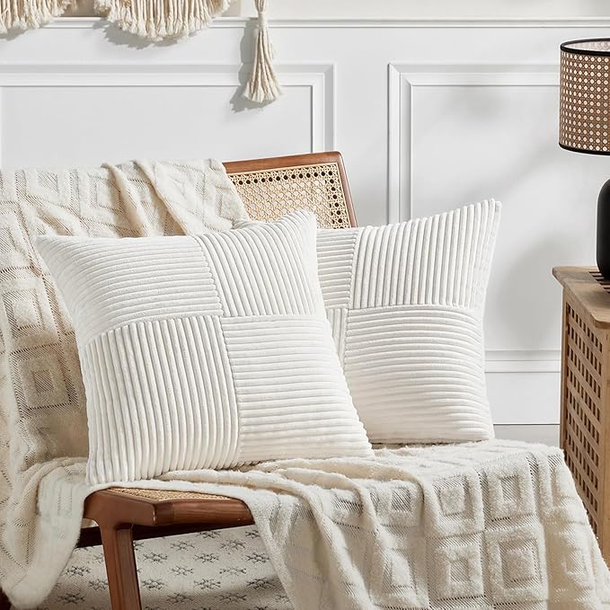 Fancy Homi 2 Packs Cream White Big Decorative Throw Pillow Covers 24x24 Inch for Living Room Couch Bed, Farmhouse Boho Home Decor, Soft Corss Corduroy Patchwork Accent Square Cushion Case 60x60 cm