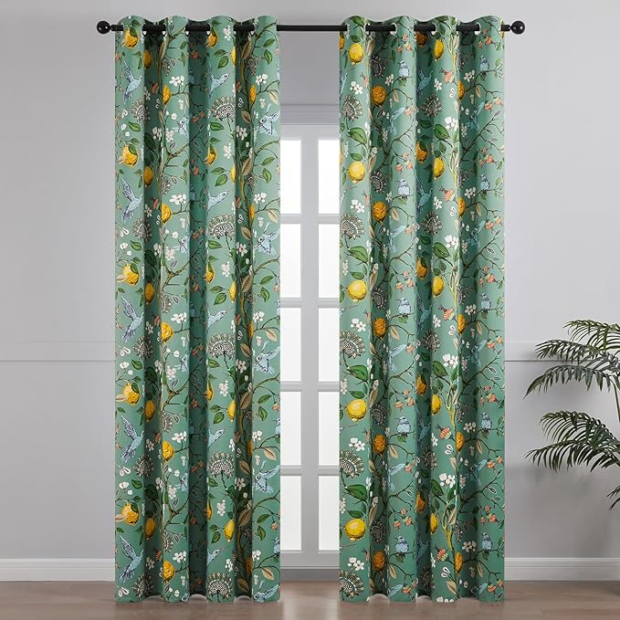 Topfinel 100 Inches Long Sage Green Luxury Curtains for Living Room Bedroom, Blackout Vintage Art Deco Victorian Curtains Floral Lemon Hummingbird Printed Grommet Drape 100 Inch Length
