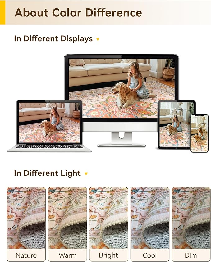 RELEANY Area Rugs Square 10ft Washable Non-Slip, Floral Vintage Distress Print Pattern Medallion Carpet for Living Room Bedroom Dining Room, Light Pink Colorful