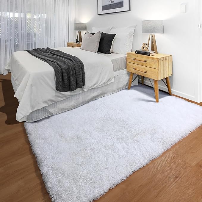 ONASAR White Area Rugs for Bedroom Living Room, Fluffy 4x6 Soft Shag Plush Bedside Rug, Indoor Floor Carpet for Nursery Kids Girls Boys Teen Baby Dorm Playroom Home Office Decor Aesthetic