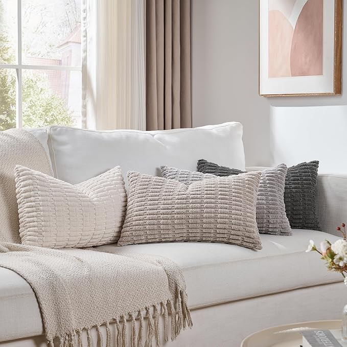 Fancy Homi Set of 4 Grey and White Lumbar Rectangle Decorative Throw Pillow Covers 16x24 Inch for Couch Bed Chair, Aesthetic Boho Room Decor, Soft Fuzzy Thick Corduroy Textured Cushion Case 40x60cm