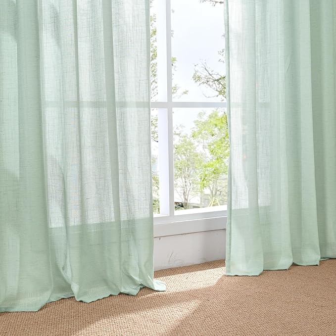 BGment Sage Green Linen Semi Sheer Curtains for Living Room 63 Inch Length - Light Filtering Drapes for Bedroom Dining Natural Rustic Spring Decorative Rod Pocket Lightweight, 2 Panels, 52 X 63 Inch