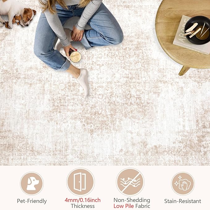 Area Rugs 8x10 Vintage Rug: Large Washable Living Room Rug Retro Medallion Distressed Rugs Soft Low Pile Non-Slip Indoor Floor Carpet for Bedroom Kitchen Nursery Dining Table Office (Beige/Brown)
