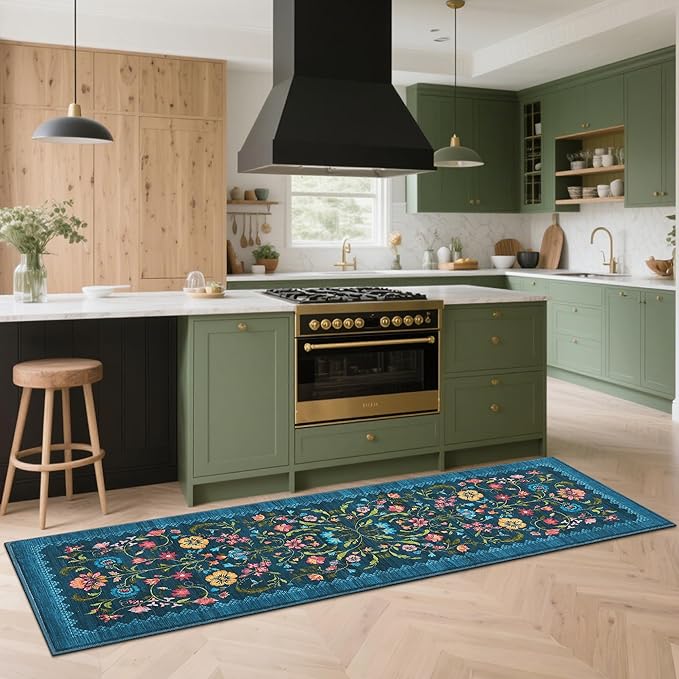 GarveeHome Floral Rug 2.5x8 Runners for Hallways, Boho Kitchen Runner Rugs Non Slip Bath Runners, Vintage Washable Runner Rug for Bedroom, Soft Long Rugs for Entryway Bathroom Laundry Dorm, Blue