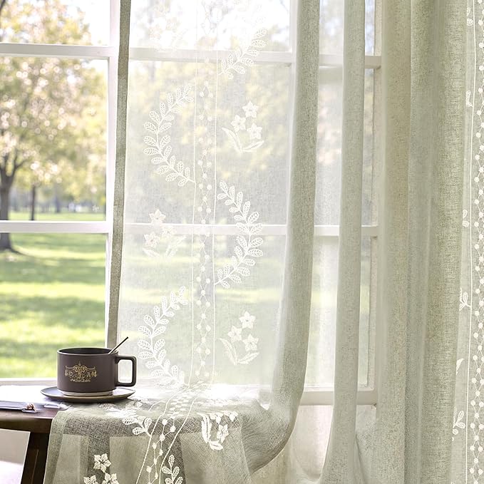 jinchan Belrose Sage Green Floral Sheer Curtains for Living Room 96 Inch Long Voile Embroidered Farmhouse Curtains for Bedroom Ivory Flower Patterned Rod Pocket Window Treatments, 2 Panels Green