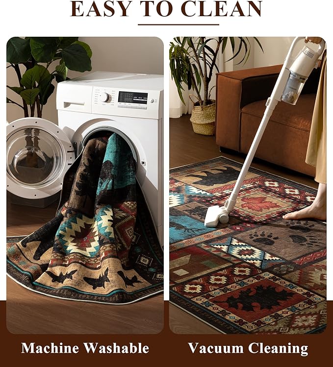 Rustic Cabin Hallway Runner Rug 2'8"x8' - Bear Washable Rug, Non-Slip Low Pile Soft Farmhouse Carpet, Southwestern Wildlife Print Floor Runner Rugs for Kitchen, Entryway, Laundry, Bedroom
