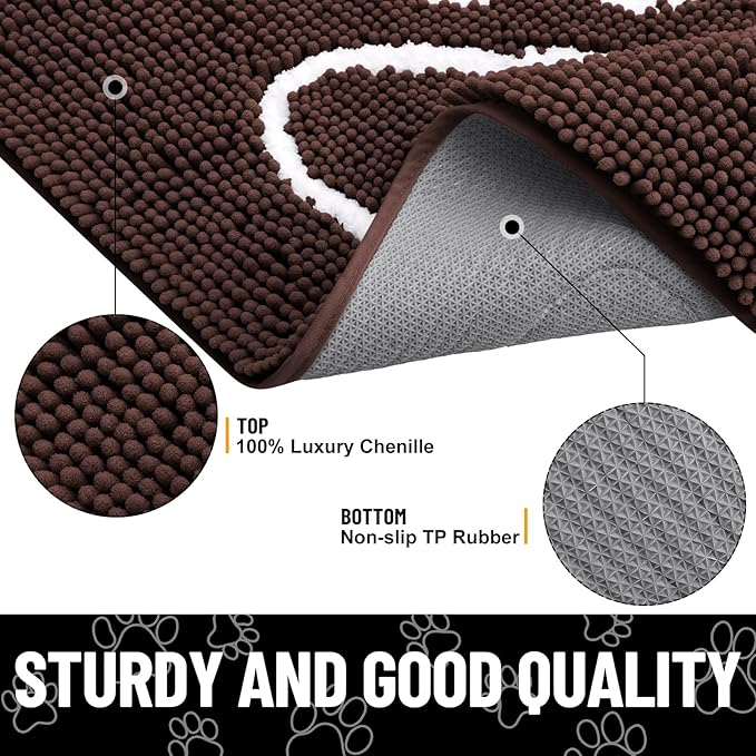 Smiry Dog Door Mat for Muddy Paws, Absorbent Dirt Trapper Non Slip Quick Dry Washable Chenille Mat for Mud Dogs, Entry Rug for Indoor and Outdoor (59x20 Inches, Brown and White)