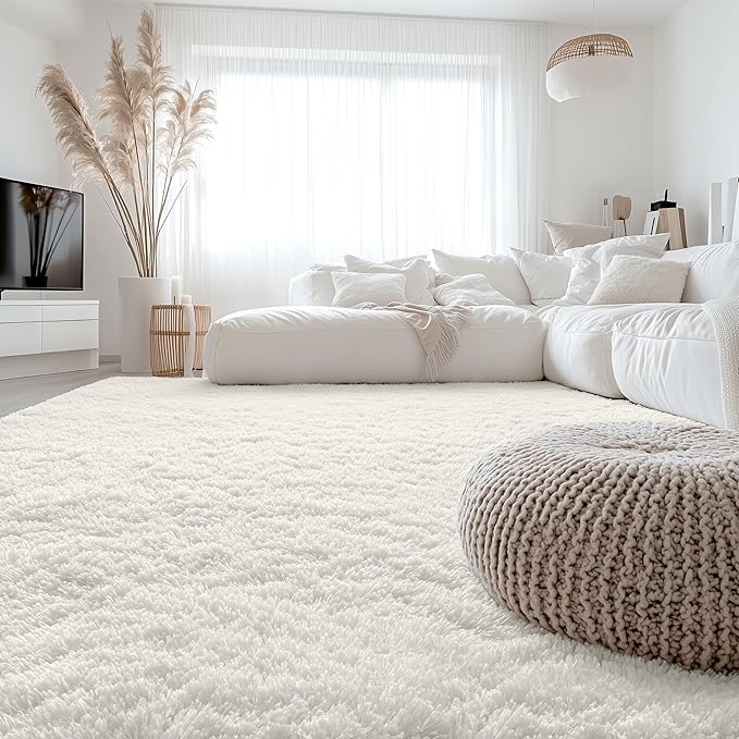 OLANLY 9x12 Machine Washable Large Area Rugs for Living Room, Bedroom, Soft Fluffy Shaggy Bedside Rug, Indoor Floor Carpet for Kids Girls and Boys, Dorms, Nursery, Home Decor Aesthetic, Ivory