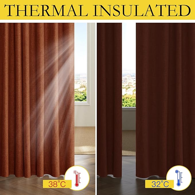 NICETOWN 100% Absolutely Blackout Linen Curtains with Thermal Insulated Liner, 52" Wide, 2 Panels, 63" Long Drapes, Grommet Retro Burnt Orange Linen Curtains Vertical Drapes Privacy for Bedroom
