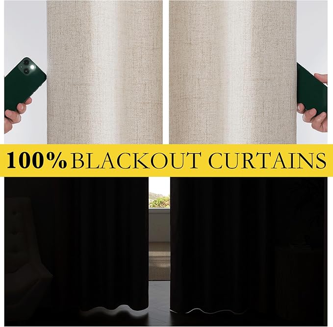 NICETOWN 100% Blackout Oatmeal Linen Curtains 95 inches Length for Dining Room, 2 Panels Set, 52" Wide, Farmhouse Style Room Cooling Window Draperies with Thermal Insulated Liners